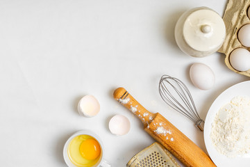 cooking pancake on white background top view ingredients for making