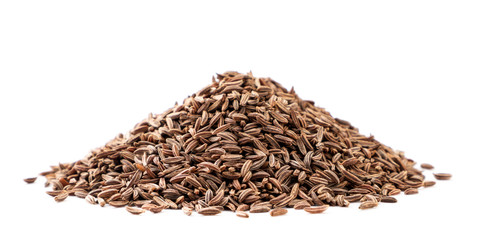 A pile of cumin seeds close-up on a white. Isolated