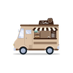 Coffee food truck isolated on white background. Fast food truck in cartoon style