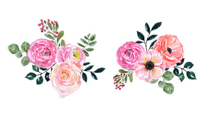 Romantic spring or summer watercolor floral bouquets in vintage style, isolated on white background. Pink roses, anemone, green leaves and foliage illustration. Great for wedding invitations, cards