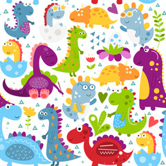 Fototapeta na wymiar Childish seamless pattern with funny dinosaurs in cartoon style. Vector Illustration. Kids illustration for nursery design. Dino print great for baby clothes, wrapping paper.