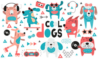 Cool dogs collection. Hand drawn. Doodle cartoon disco dogs for nursery posters, cards, kids t-shirts. Vector illustration.