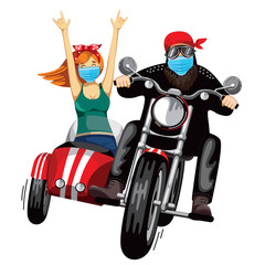 A man and a girl are racing on a red motorcycle with a sidecar. face mask. White background. Vector illustration.
