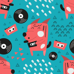 Childish colorful seamless pattern with cool red dogs and disco theme. Vector Illustration. Kids illustration for nursery art. The print is perfect for baby clothes, greeting card, wrapping paper.