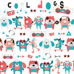 Childish colorful seamless pattern with cool dogs and music theme. Vector Illustration. Kids illustration for nursery art. The print is perfect for baby clothes, greeting card, wrapping paper.