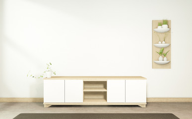 Tv cabinet in tropical empty room Japanese - zen style,minimal designs. 3D rendering