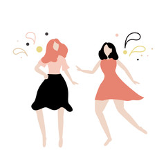 Two young woman dressed in dresses dancing disco, vector illustration. Young and dance, dancer pose set, fashion and happy. Vector illustration in flat style