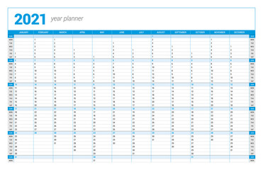 Calendar yearly planner template for 2021. Printable template. Week starts on Sunday