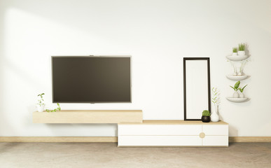 Tv cabinet in tropical empty room Japanese - zen style,minimal designs. 3D rendering