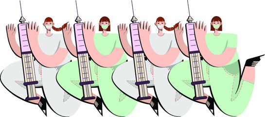 Vector illustration doctors with vaccine for coronavirus 2019-nCoV. Coronavirus medical vaccine syringe injection. Treatment. Stop corona virus. Defend from corona virus.