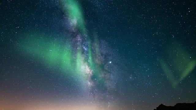 Aurora and Milky Way Galaxy Summer South Sky Time Lapse Sunrise Simulated Northern Lights