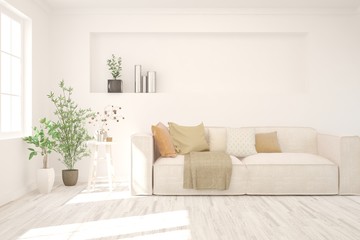 White living room with sofa. Scandinavian interior design. 3D illustration