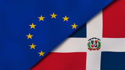 The flags of European Union and Dominican Republic. News, reportage, business background. 3d illustration