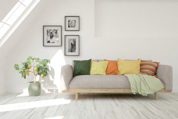 White living room with sofa. Scandinavian interior design. 3D illustration