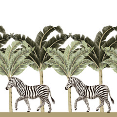 Vintage african zebra wildlife animal, banana tree floral seamless border white background. Exotic safari wallpaper. © good_mood