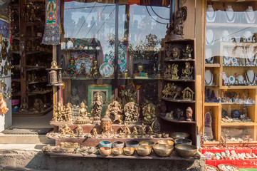 Buddhist artifacts for sale in a souvenir shop in McLeod Ganj, India