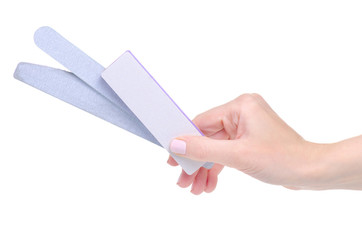 Nail file sanding buff in hand on a white background isolation