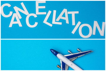 Collage of lettering cancellation and toy plane on blue background