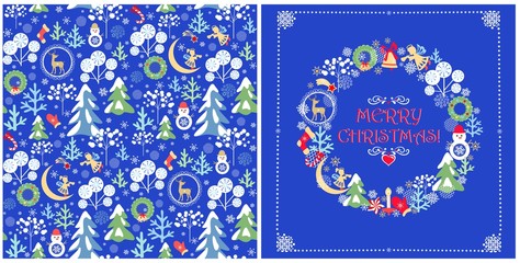 Christmas design with childish funny seamless wallpaper and greeting card with Xmas paper cutting wreath with snowy firs and trees, little angels and snowman, crescent and reindeer