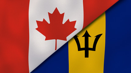 The flags of Canada and Barbados. News, reportage, business background. 3d illustration - obrazy, fototapety, plakaty
