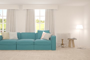 White living room with sofa. Scandinavian interior design. 3D illustration