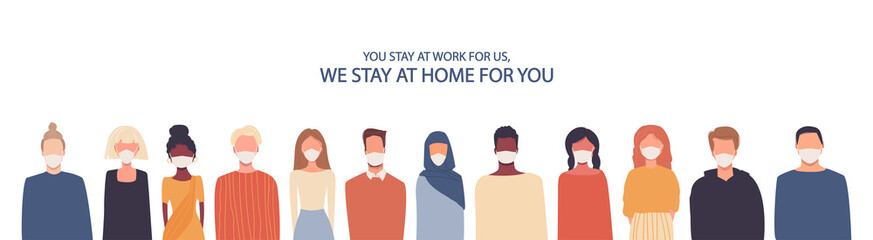 People in medical masks. Coronavirus COVID-19 infection, quarantine. Vector illustration in flat style isolated on white. Thank you doctors. We stay at work for you, you stay at home for us