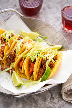 Homemade corn tortillas with spicy beef and taco seasoning mix