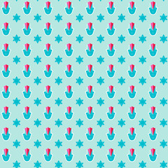 Seamless ethnic pattern with hamsa and the stars of David on blue background. Vector illustration in Judaic style. 