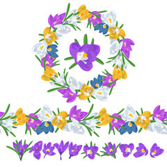 Obraz na płótnie Canvas Hand drawn colorful crocus flowers circular wreath and seamless brush. Floral design element. Isolated on white background. Vector illustration