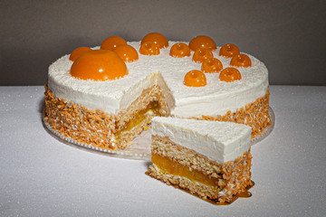 cake with coconut and mango jelly. No added sugar. Vegetarian food. A treat for adults and children.