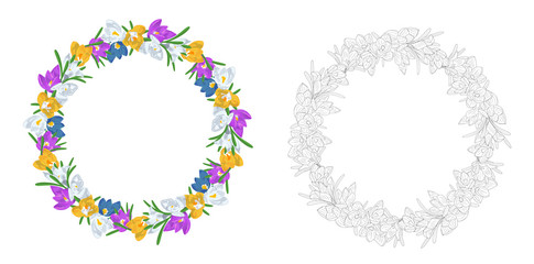 Hand drawn colorful and monochrome crocus flowers round wreaths. Floral design element. Isolated on white background. Vector illustration