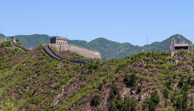 Low Angle View Of Historic Great Wall Of China Against Clear Sky