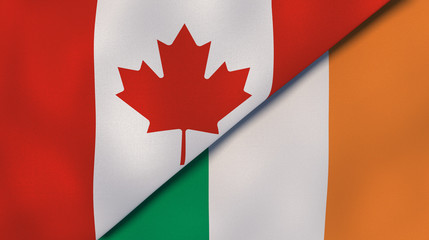 The flags of Canada and Ireland. News, reportage, business background. 3d illustration
