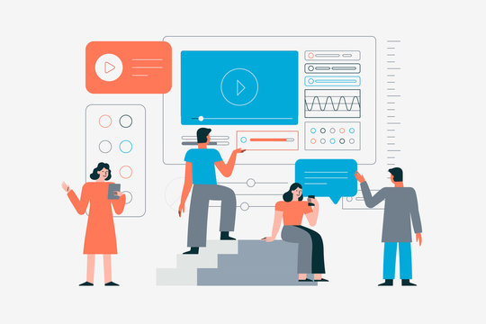 Vector Illustration In Flat Cartoon Simple Style With Characters - Big Data Science And Virtual Futuristic Interface Development Concept - Teamwork And Management In Online Video Course And Class