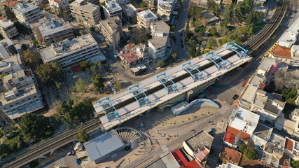 Fototapeta premium Aerial drone photo of main train station of Marousi centre and district, North Athens, Attica, Greece
