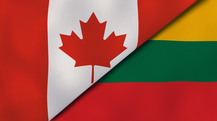 The flags of Canada and Lithuania. News, reportage, business background. 3d illustration