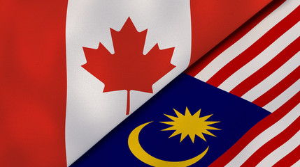 The flags of Canada and Malaysia. News, reportage, business background. 3d illustration