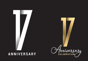 17 years anniversary celebration logo design. Anniversary logo Paper cut letter and elegance golden color isolated on black background, vector design for celebration, invitation card, and greeting - obrazy, fototapety, plakaty