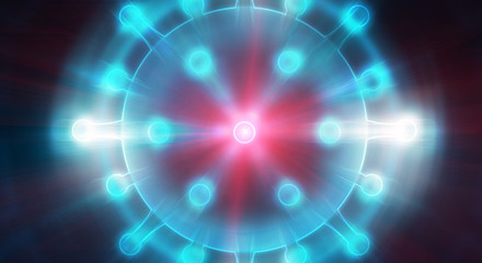 Neon hologram of the pathogen of the coronavirus COVID-2019 on an abstract futuristic background. The deadly type of virus is 2019-nCoV.