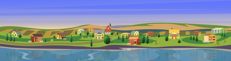 Obraz na płótnie Canvas Lovely small town flat cartoon landscape countryside panorama background vector illustration. Wide clear calm river, houses between trees on riverside, large green fields. Small european city.