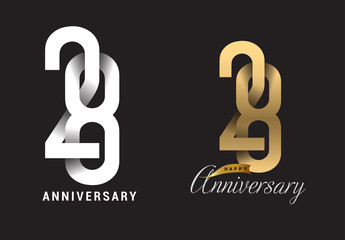 28 years anniversary celebration logo design. Anniversary logo Paper cut letter and elegance golden color isolated on black background, vector design for celebration, invitation card, and greeting - obrazy, fototapety, plakaty