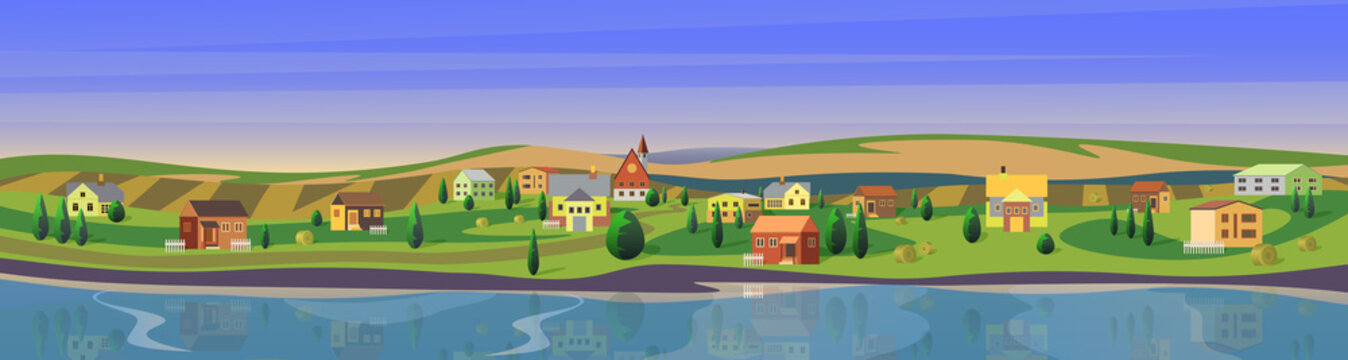 Lovely small town flat cartoon landscape countryside panorama background vector illustration. Wide clear calm river, houses between trees on riverside, large green fields. Small european city.