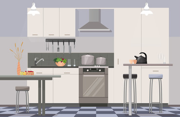 Comfortable modern design kitchen interior flat cartoon vector illustration. Clean room for cooking in light colors, full set necessary furniture, oven, tables with pot, vase and cups, stools