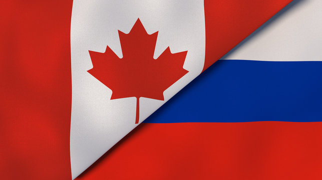 The flags of Canada and Russia. News, reportage, business background. 3d illustration