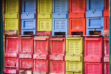 front of colorful old bee hives in Germany