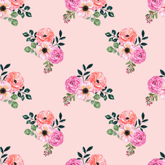 Colorful rose flowers seamless pattern. Floral botanical texture, designer paper with hand drawn pink flower, green leaves and foliage on warm pastel pink background. Vintage style wallpaper