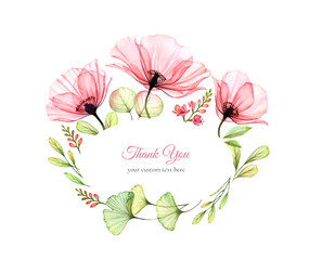Watercolor floral arrangement. Bouquet with big field flowers, poppy, leaves. Oval frame. Thank you Card template with place for text