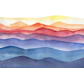 Abstract watercolor colorful illustration of mountain hills on white background.