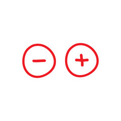 plus and minus hand drawn signs. red thin flat vector icons isolated on white.
