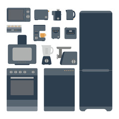 Set of kitchen appliances. Kitchen domestic electrical equipment. Flat vector illustrations. Isolated cooking icons.
